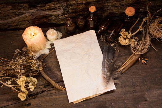 set of objects for witchcraft rituals, on rustic wood