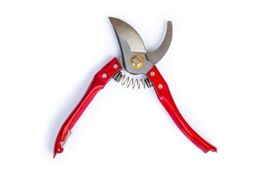 Garden pruner with red iron handles. Cutting scissors on a white background.