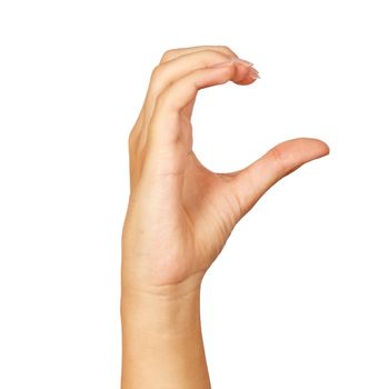 american sign language. female hand showing letter c. isolated on white background