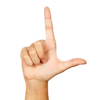 american sign language. female hand showing letter l. isolated on white background
