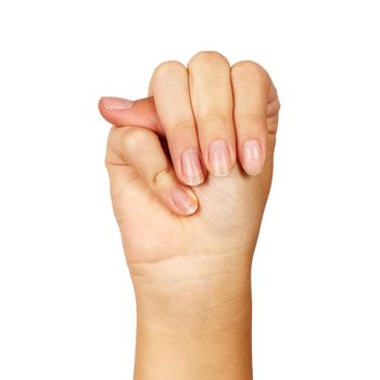 american sign language. female hand showing letter m. isolated on white background