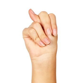 american sign language. female hand showing letter n. isolated on white background