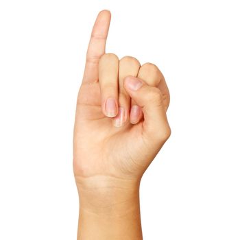 american sign language. female hand showing letter i. isolated on white background