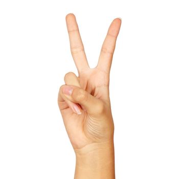 american sign language. female hand showing letter v. isolated on white background