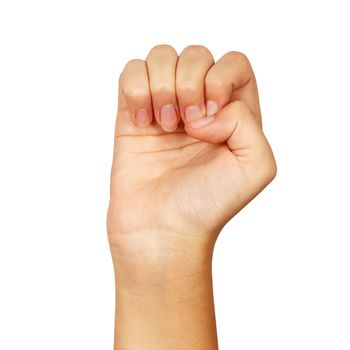 american sign language. female hand showing letter e. isolated on white background