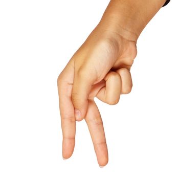 american sign language. female hand showing letter p. isolated on white background