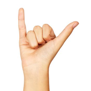 american sign language. female hand showing letter y. isolated on white background