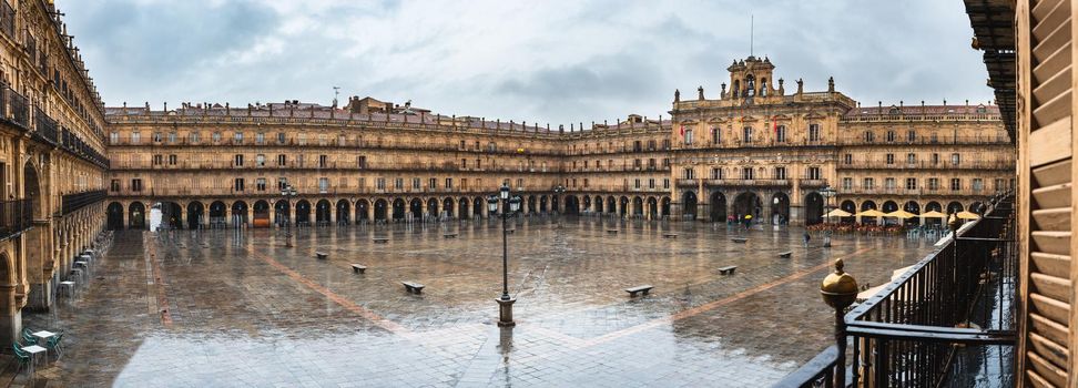 Panoramic view Main Square in raining day, Salamanca, Castile and Lion