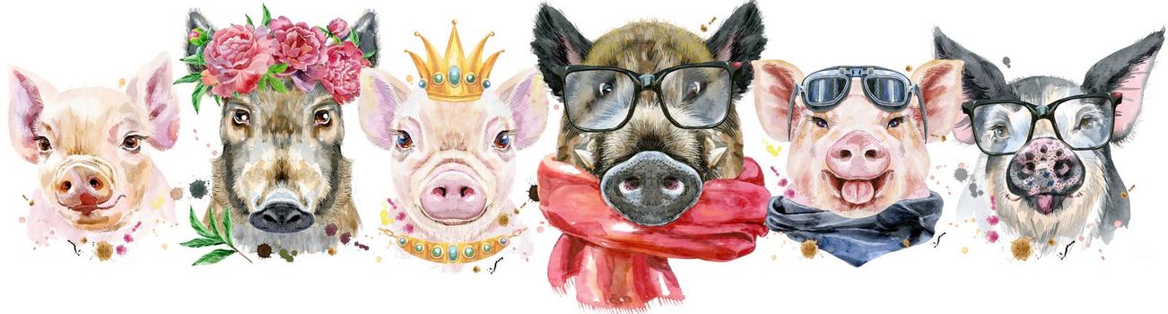 Cute border from watercolor portraits of pigs.