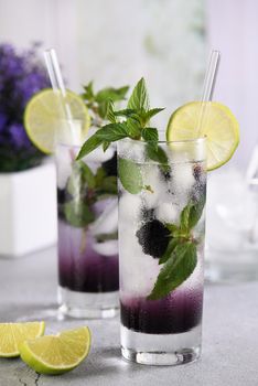 Cold refreshment organic non-alcohol cocktail Blackberry mojito with berry fruit in glass