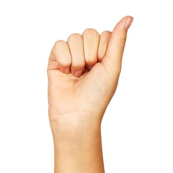 american sign language. female hand showing letter a. isolated on white background