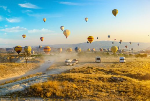 Hot air balloons flying over Cappadocia, Turkey