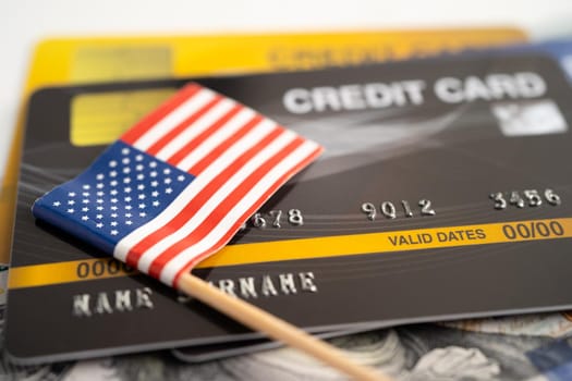 US America flag on credit card. Finance development, Banking Account, Statistics, Investment Analytic research data economy, Stock exchange trading, Business company concept.