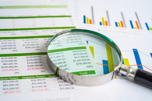 Magnifying glass on charts graphs paper. Financial development, Banking Account, Statistics, Investment Analytic research data economy, Stock exchange trading, Business office company meeting concept.