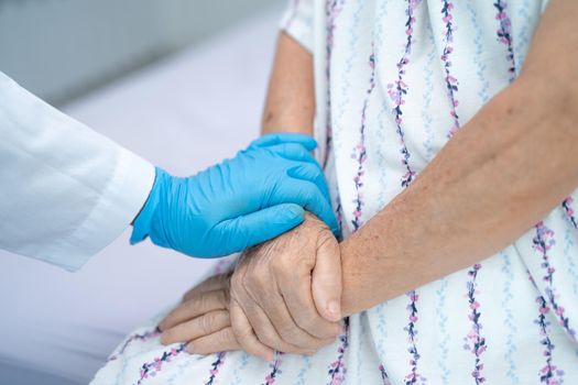 Doctor holding touching hands Asian senior or elderly old lady woman patient with love, care, helping, encourage and empathy at nursing hospital ward, healthy strong medical concept