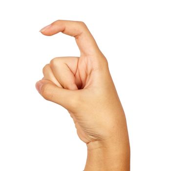 american sign language. female hand showing letter x. isolated on white background