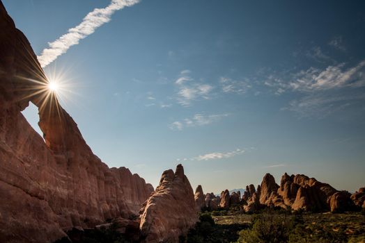 Arches National Park dramatic landscape at sunset