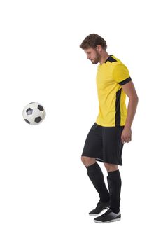 Caucasian soccer player man kicking ball isolated on white background