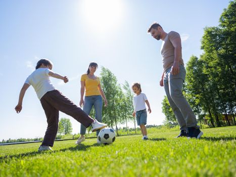 Parents and kids playing soccer football ball in summer park