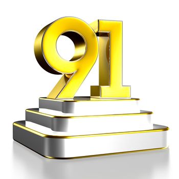 Numbers 91 gold 3D illustration are on a stainless steel platform with clipping path.