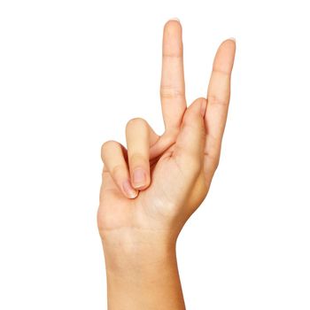 american sign language. female hand showing letter k. isolated on white background