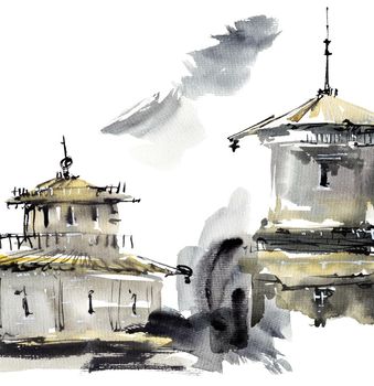 Building with tower. Artistic painting by ink and watercolor in sumi-e style.