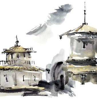 Building with tower. Artistic painting by ink and watercolor in sumi-e style.
