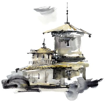 Building with tower. Artistic painting by ink and watercolor in sumi-e style.