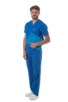 Male nurse in blue uniform with stethoscope and document folder isolated on white background, full length portrait