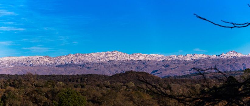 landscape of the snowy mountain ranges from the Calamuchita Valley, Cordoba, Argentina