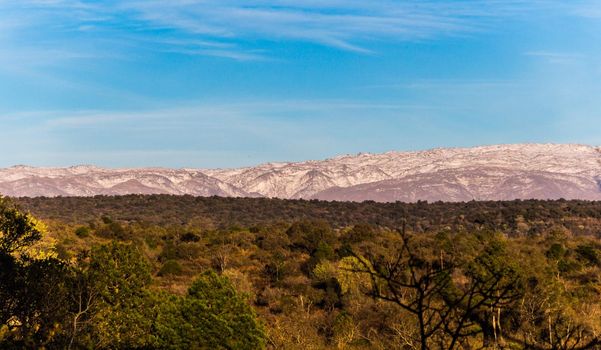 landscape of the snowy mountain ranges from the Calamuchita Valley, Cordoba, Argentina