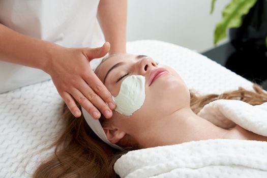 Cosmetologist applying rejuvenating clay facial mask on a female face in beauty salon. Facial treatment concept