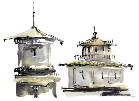 Building with tower. Artistic painting by ink and watercolor in sumi-e style.