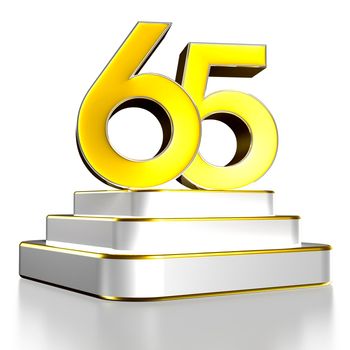 Numbers 65 gold 3D illustration are on a stainless steel platform with clipping path.