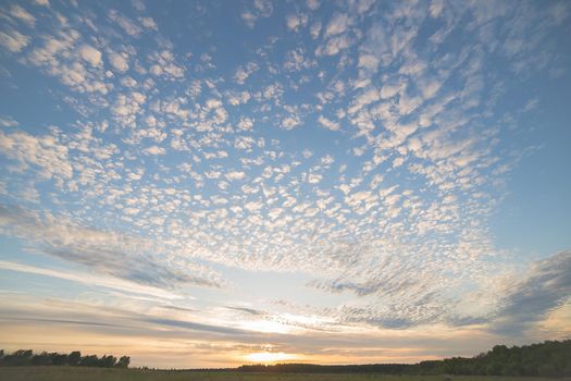 Beautiful blue sky at sunset with golden and white clouds. Sky panorama for screensavers, postcards, calendar, presentations. Low point at wide angle. Warm spring or summer evening.