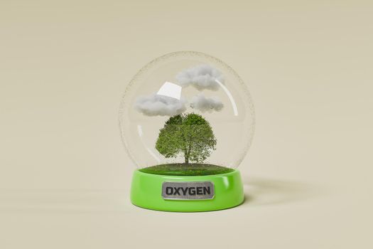 glass sphere with a ecosystem inside and an OXYGEN sign. 3d rendering