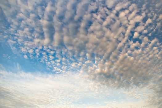 Beautiful blue sky with white cirrus, fluffy clouds. Sky panorama for screensavers, postcards, calendar, presentations. Low point at wide angle. Warm spring or summer evening.