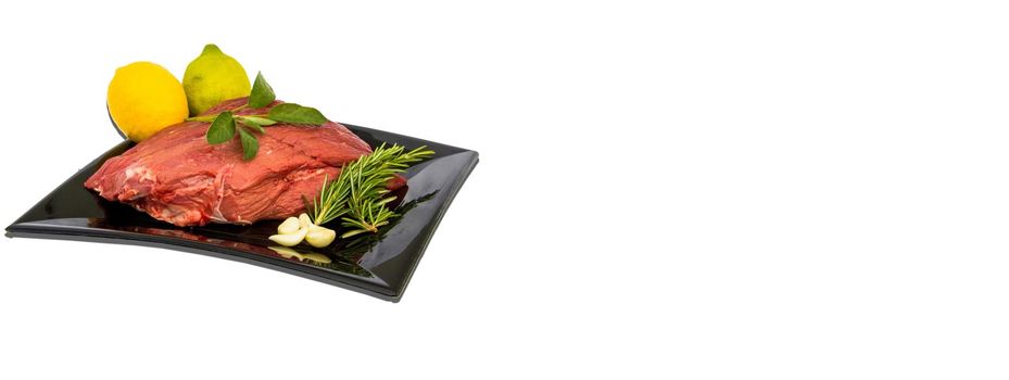 Raw meat dish white background, banner image with copy space