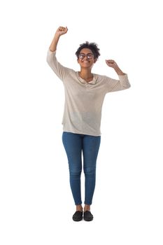 Beautiful young black woman in glasses with arms raised isolated on white background