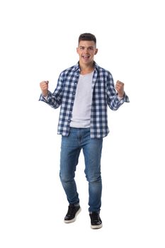 Young excited man happy smile looking at camera, hold arm hands fist raised up gesture, isolated over white background