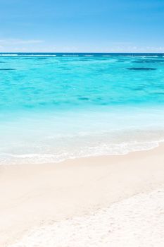 A view from a height of a Tropical beach and waves breaking on a tropical golden sandy beach. The sea waves gently wind along the beautiful sandy beach.