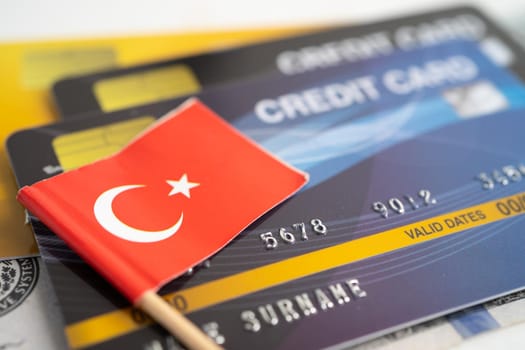 Turkey flag on credit card. Finance development, Banking Account, Statistics, Investment Analytic research data economy, Stock exchange trading, Business company concept.