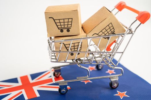 Box with shopping cart logo and New Zealand flag, Import Export Shopping online or eCommerce finance delivery service store product shipping, trade, supplier concept.