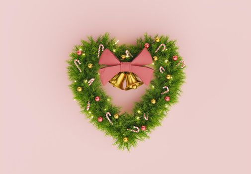 Christmas wreath in the shape of a heart decorated with candies, balls and bells with a big red bow. 3d rendering