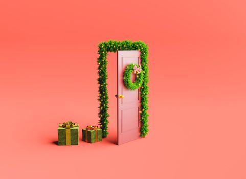 lonely door with christmas ornaments and presents on the floor. minimal concept of christmas arrival, winter and decoration. 3d rendering