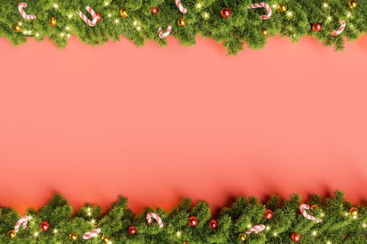 rows of christmas garlands decorated with candies and balls and empty space in the center. 3d rendering