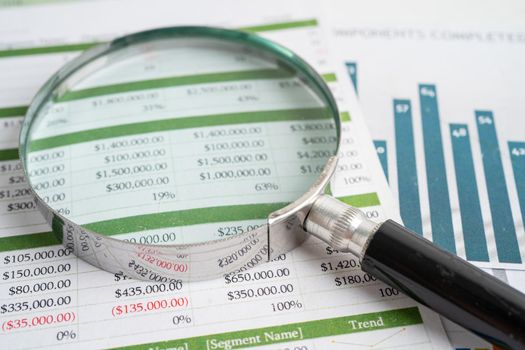 Magnifying glass on charts graphs paper. Financial development, Banking Account, Statistics, Investment Analytic research data economy, Stock exchange trading, Business office company meeting concept.