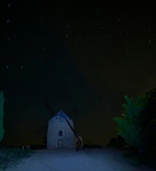 Windmills on a starry night, Night photography, circumpolar, shooting star