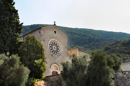 Cistercian Valvisciolo Abbey near Sermoneta ,facade of the church with beautiful rose window