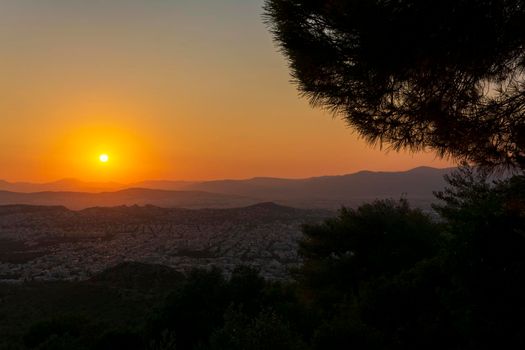 Sunset panoramic view of Athens from the hymettus mountain, Greece.